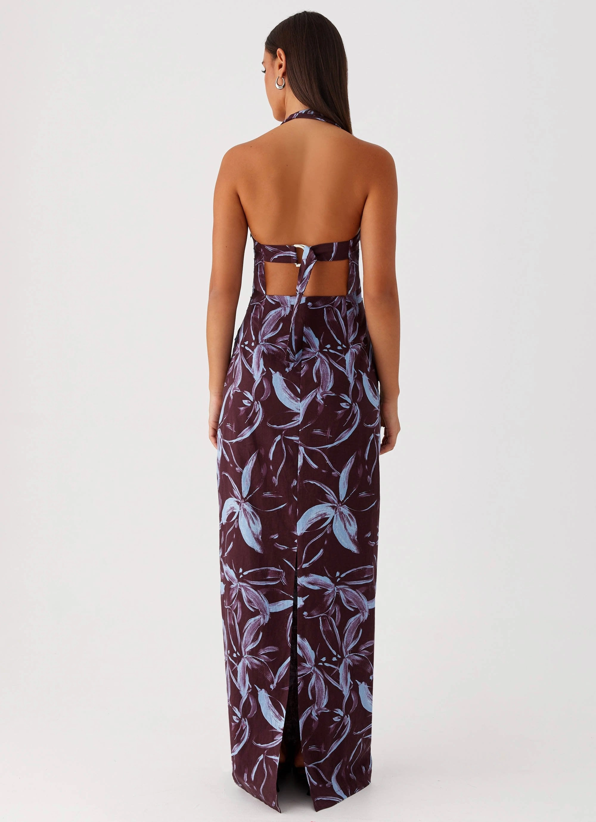 Fauna Halter Maxi Dress - Brown Purple Floral Daily Ready Button Accent
