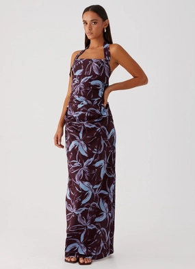 Classic Touch Refined Cut Fauna Halter Maxi Dress - Brown Purple Floral