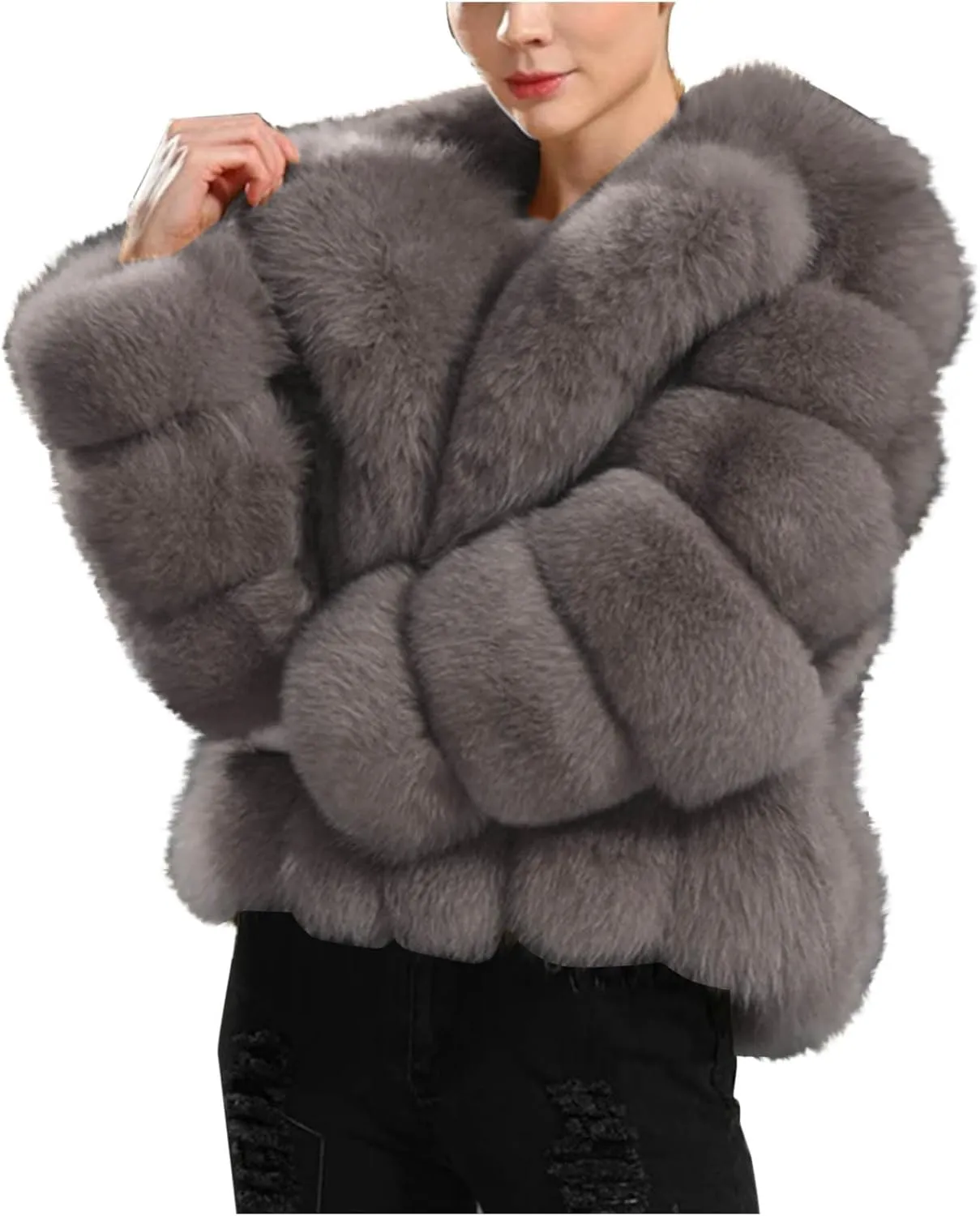 Faux Fur Coat Women Cozy Fuzzy Cropped Jackets Coats Winter Warm Puffer Jacket Trendy Fluffy Long Sleeve Outerwear