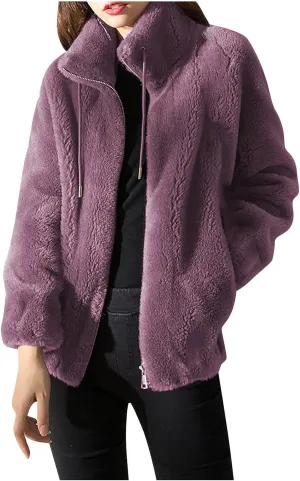 Faux Fur Jacket Women Double-Faced Fleece Winter Warm Fuzzy Coats Fashion Shaggy Soild Open Front Zip Outwear Overcoat