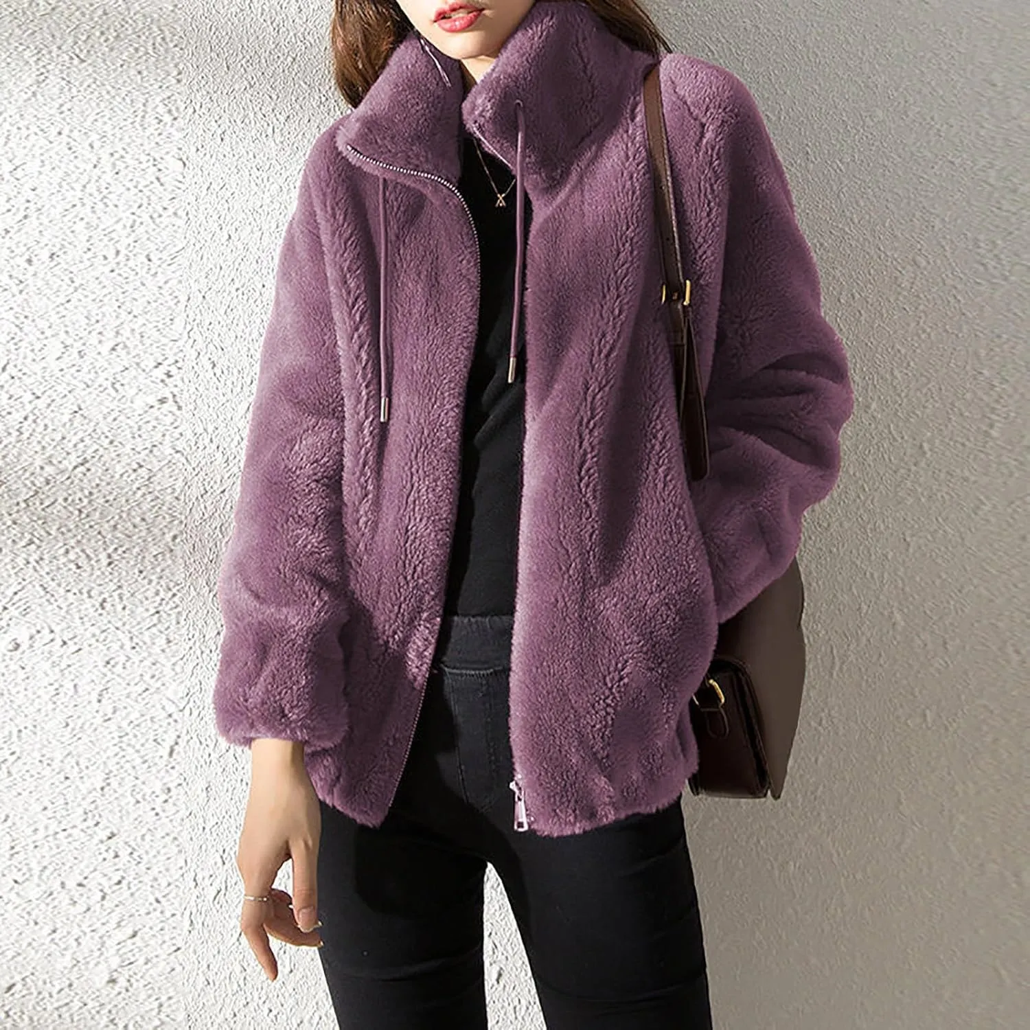 Faux Fur Jacket Women Double-Faced Fleece Winter Warm Fuzzy Coats Fashion Shaggy Soild Open Front Zip Outwear Overcoat
