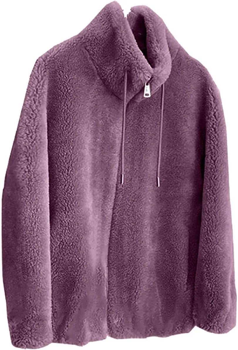 Faux Fur Jacket Women Double-Faced Fleece Winter Warm Fuzzy Coats Fashion Shaggy Soild Open Front Zip Outwear Overcoat
