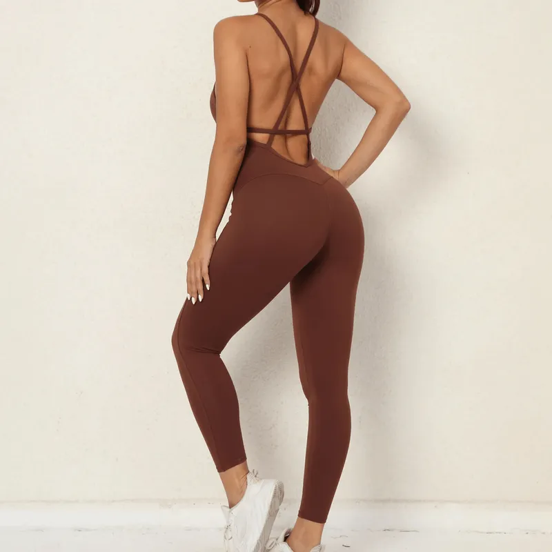 Female V-neck Seamless Yoga Jumpsuit / Sexy Women's Open Back Jumpsuit - SF0066