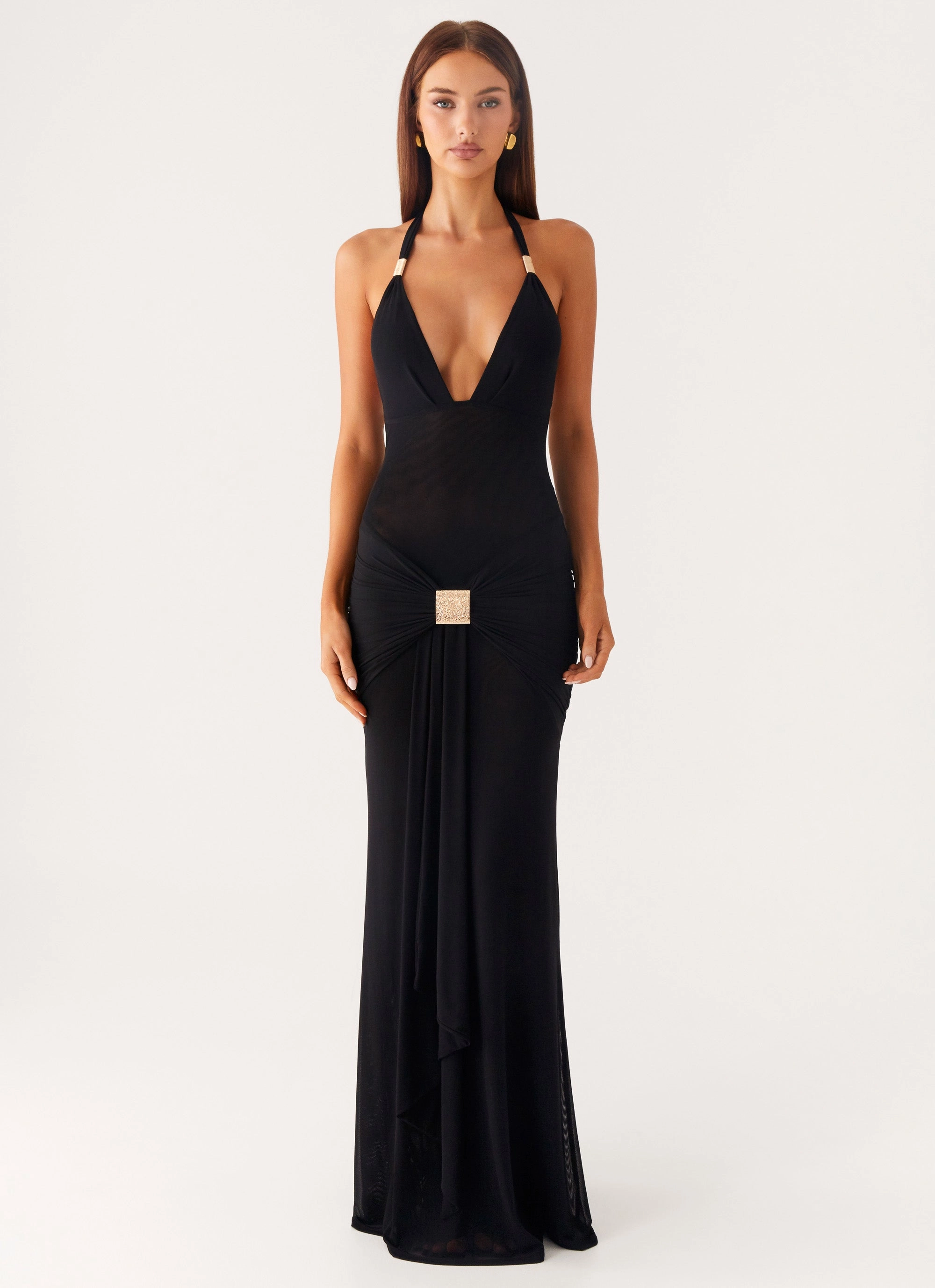 ConvertibleNeckline Miyah Halter Hardware Maxi Dress - Black