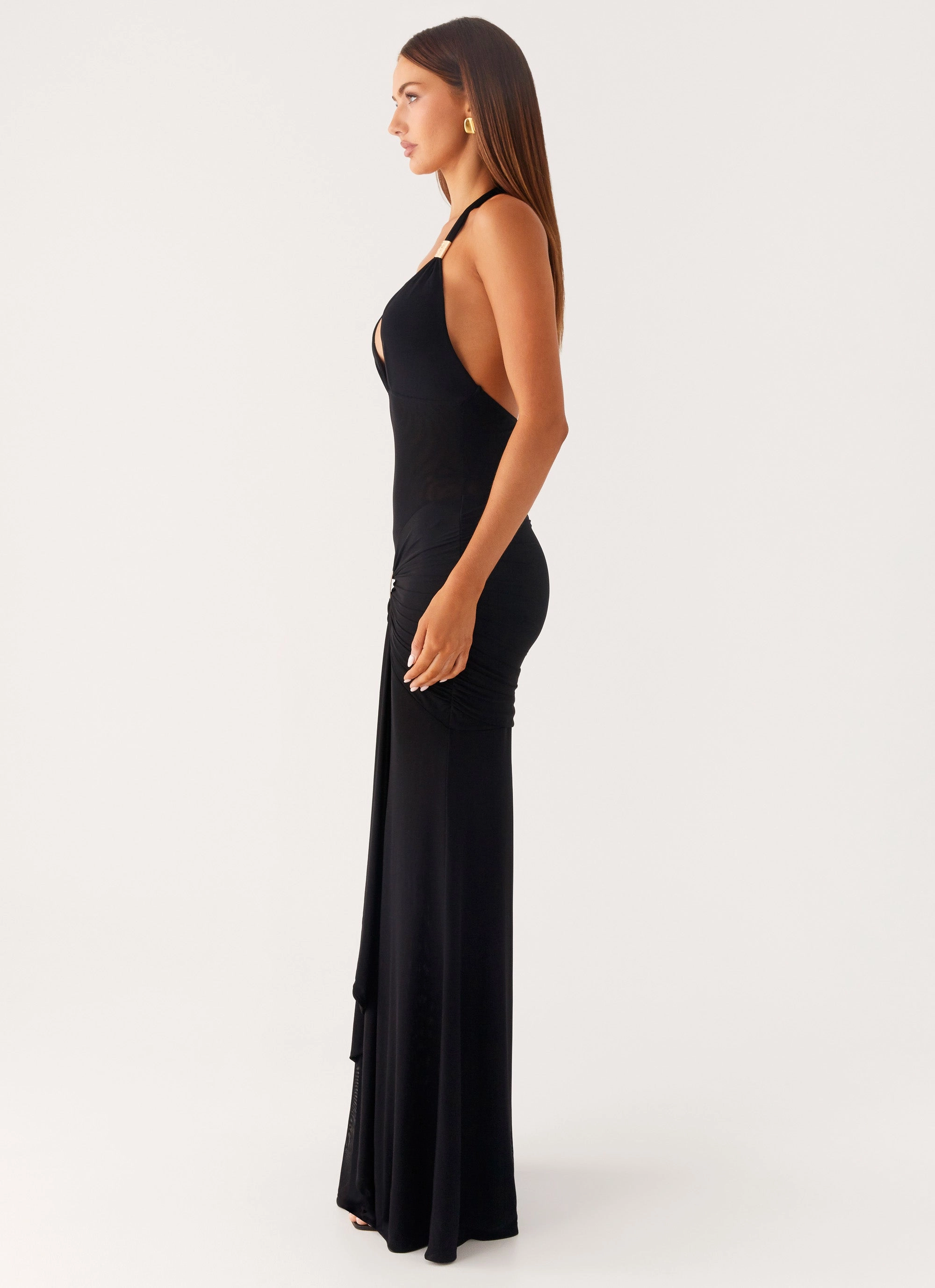 Floral Pattern Light Sheen Miyah Halter Hardware Maxi Dress - Black