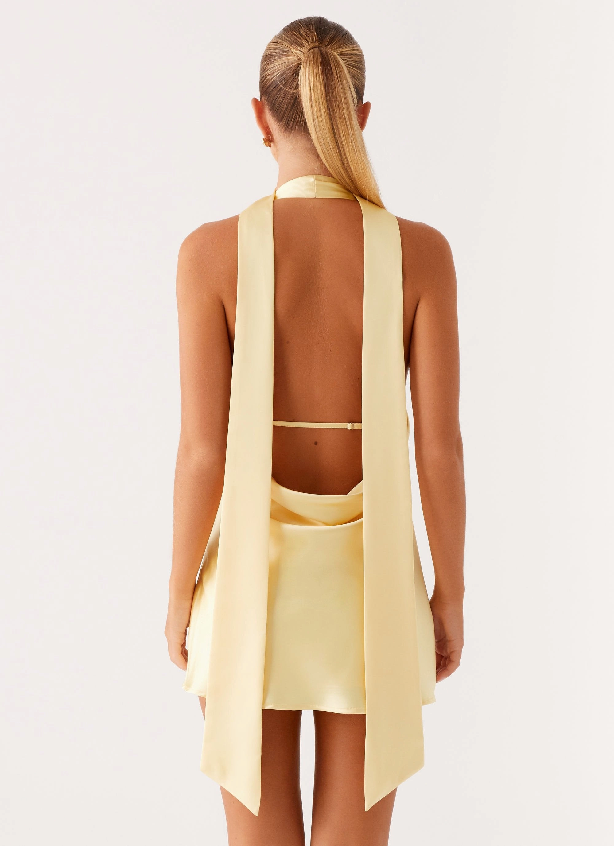 Alicia Satin Halter Mini Dress - Pastel Yellow Mid layer