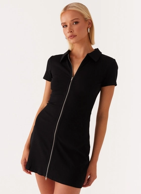 Matter Of Time Zip Front Mini Dress - Black Soft Neutral