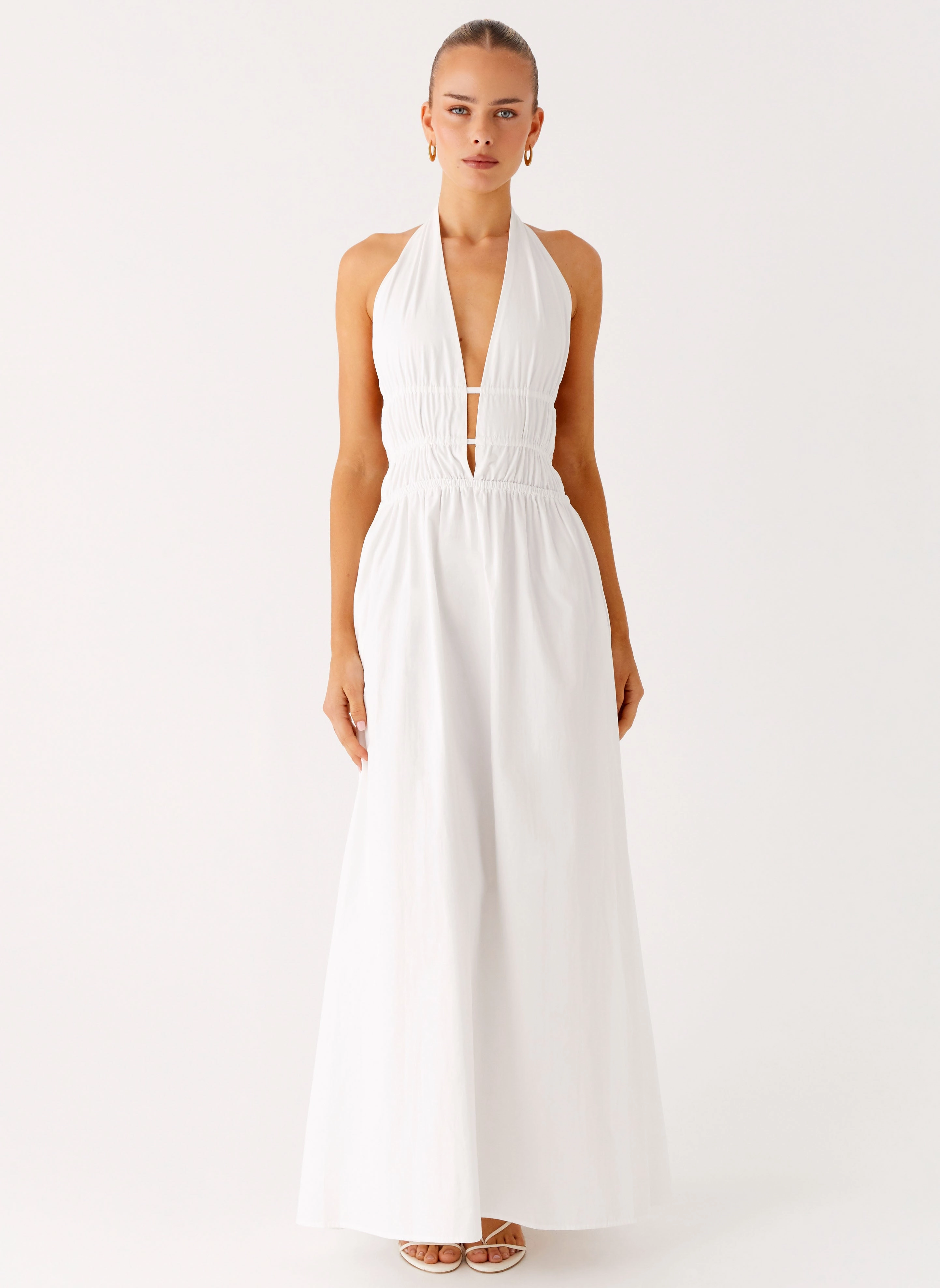 High Waist Figaro Halter Maxi Dress - White