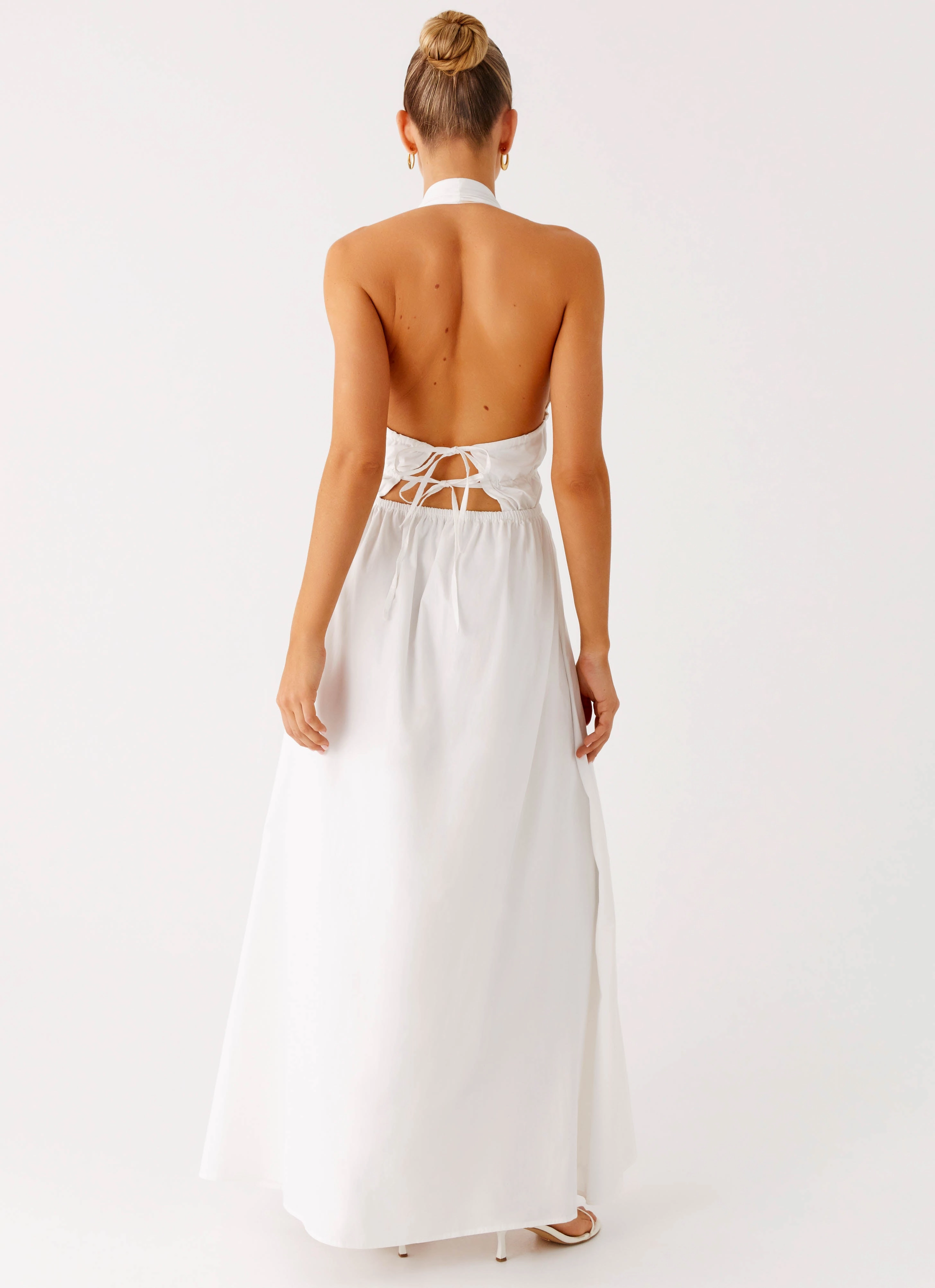 Drawstring-Waist Minimal Design Figaro Halter Maxi Dress - White