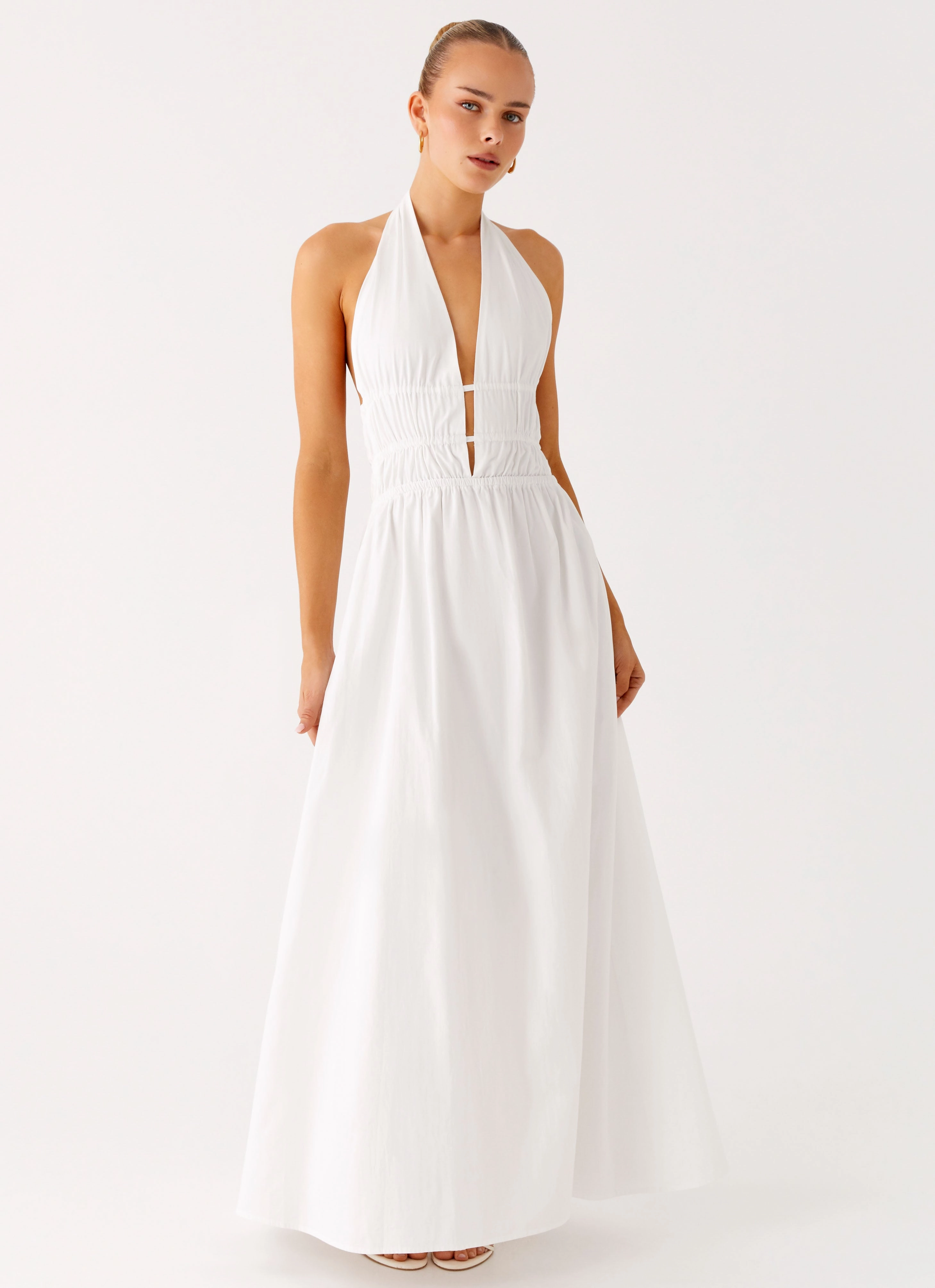 Figaro Halter Maxi Dress - White Flattering Waistband