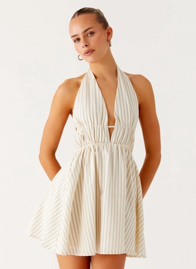 Figaro Halter Mini Dress - Taupe Stripe Peace Glow Soft fabric piece