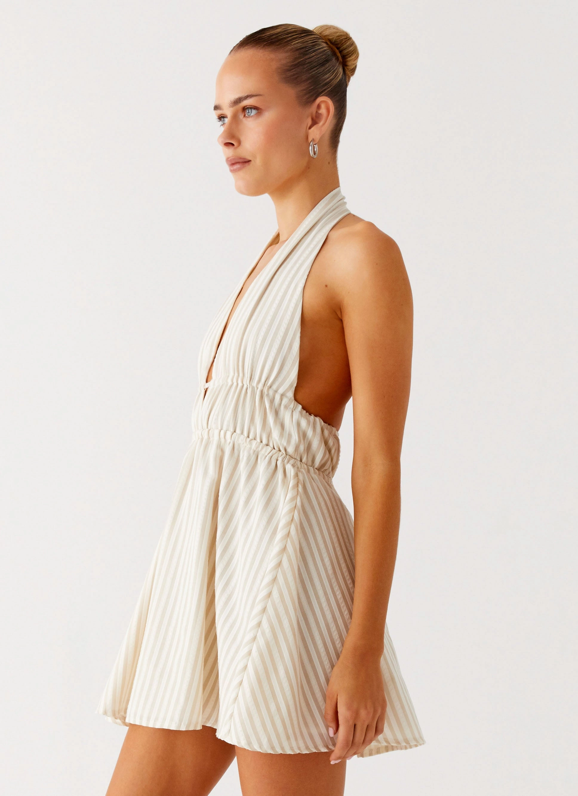 Figaro Halter Mini Dress - Taupe Stripe Versatile and Comfortable Soft-touch daywear