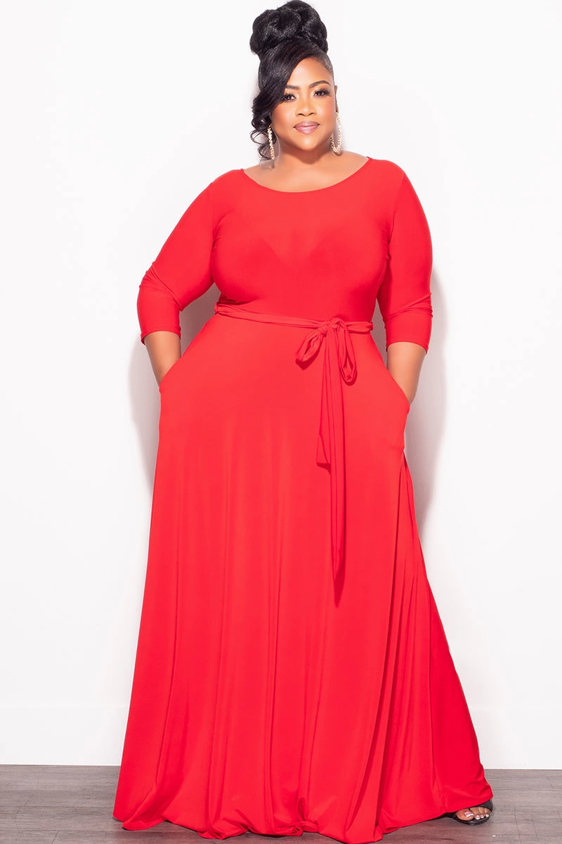 Final Plus Size Long Dress with 3/4 Sleeve and Tie in Red Tagless Neckline Design Fade Resistant Finish
