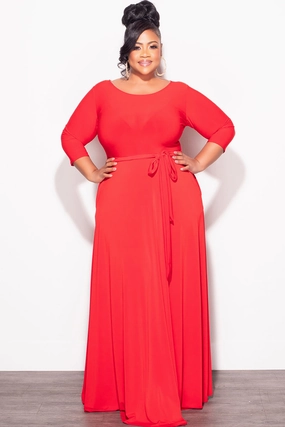 Eco Dye Process Final Plus Size Long Dress with 3/4 Sleeve and Tie in Red