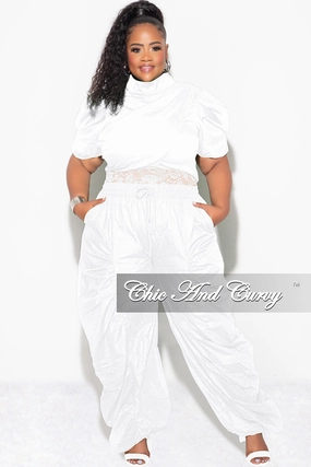Minimal Comfort Athletic Comfort Final Sale Plus 3pc (Ruffle Top, Lace Spaghetti Strap Top and Drawstring Pants) Set in White