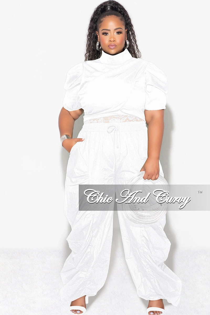 Final Sale Plus 3pc (Ruffle Top, Lace Spaghetti Strap Top and Drawstring Pants) Set in White ReflectiveAccentDetails