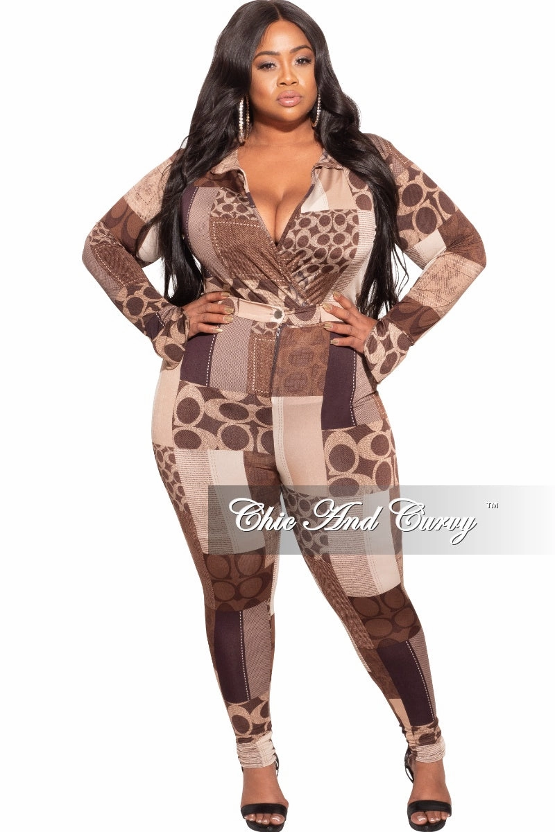 Minimalist Fit Final Sale Plus Size 2-Piece Collared Faux Wrap Bodysuit and Pants Set in Brown Print