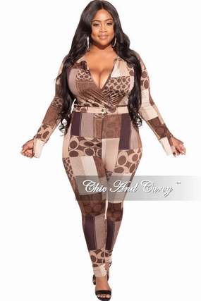 Final Sale Plus Size 2-Piece Collared Faux Wrap Bodysuit and Pants Set in Brown Print Wide fit