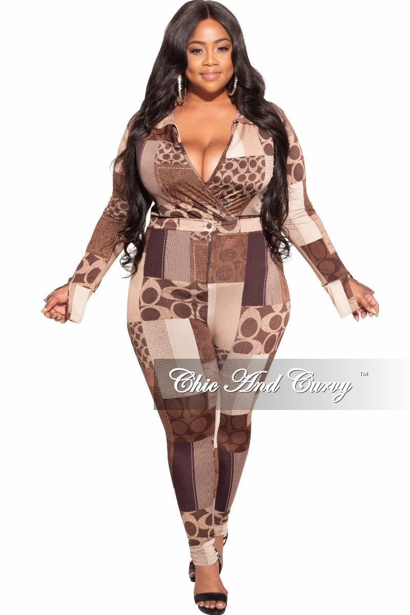 Final Sale Plus Size 2-Piece Collared Faux Wrap Bodysuit and Pants Set in Brown Print Wide fit