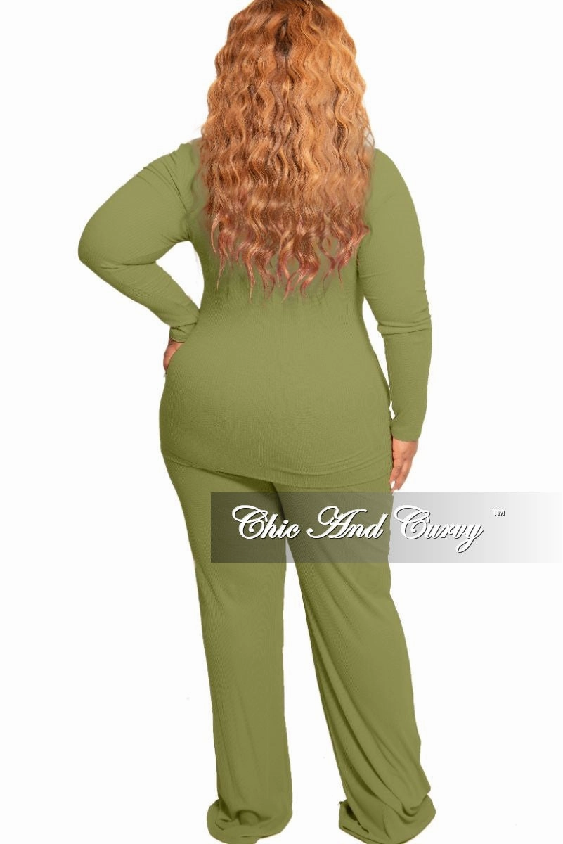 Durable Waistband Non Binding Cuffs Final Sale Plus Size 2-Piece Long Sleeve Ribbed Tie Top and Pants Set in Olive