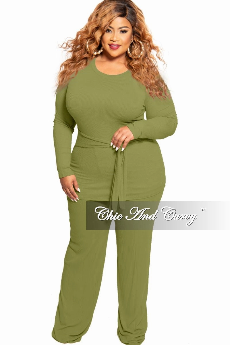 Final Sale Plus Size 2-Piece Long Sleeve Ribbed Tie Top and Pants Set in Olive Anti Pilling Finish