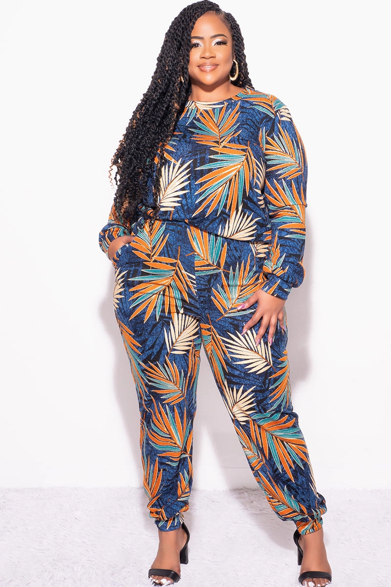 Water Resistant Casual Vibe Final Sale Plus Size 2-Piece Long Sleeve Top and Pants Set in Navy Multi Color Leaf Print