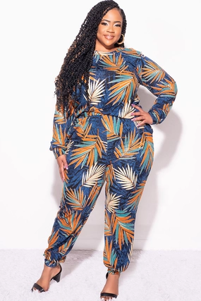 Performance Design All-day Flex Final Sale Plus Size 2-Piece Long Sleeve Top and Pants Set in Navy Multi Color Leaf Print