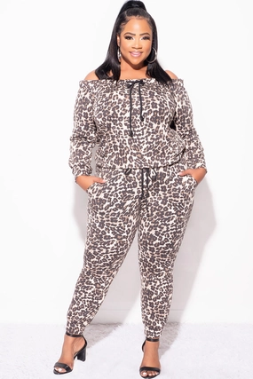 Final Sale Plus Size 2-Piece Off the Shoulder Top and Pants Set in Animal Print Active Comfort