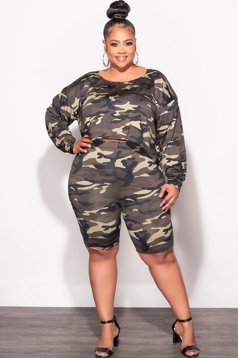 Final Sale Plus Size 2-Piece (Oversize Top & Bermuda Short) Set in Camouflage Print Form Fitting Core Comfort