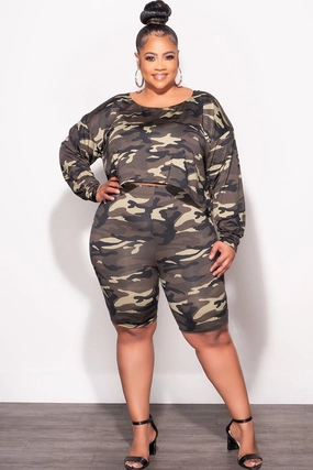 Final Sale Plus Size 2-Piece (Oversize Top & Bermuda Short) Set in Camouflage Print Form Fitting Core Comfort