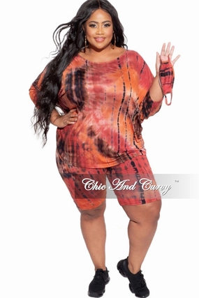 Durable Seam Construction Final Sale Plus Size 2-Piece (Oversize Top & Bermuda Short) Set in Red, Orange, & Brown Tie Dye Print