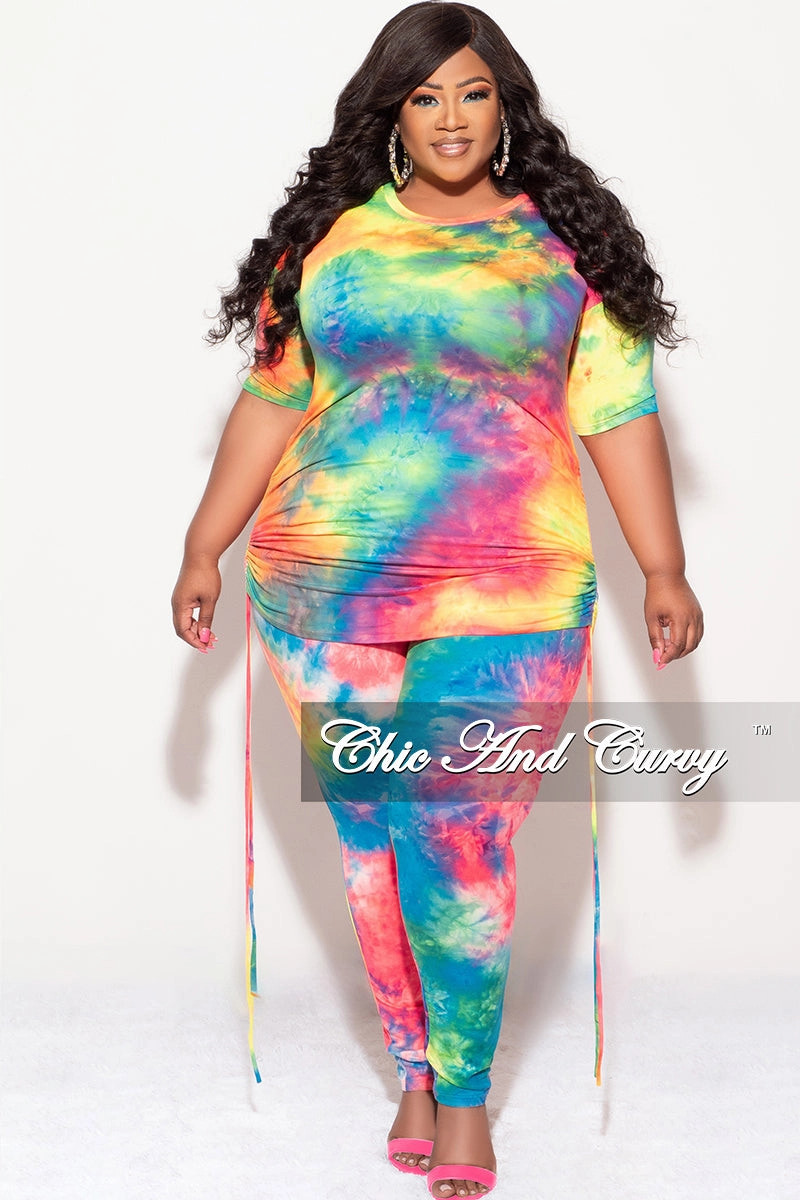 Final Sale Plus Size 2-Piece Set Side Ruching Top & Pants in Rainbow Tie Dye Print Comfort Focused