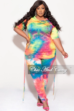 Final Sale Plus Size 2-Piece Set Side Ruching Top & Pants in Rainbow Tie Dye Print Easy Care Fabric Finish No Fuss Fit