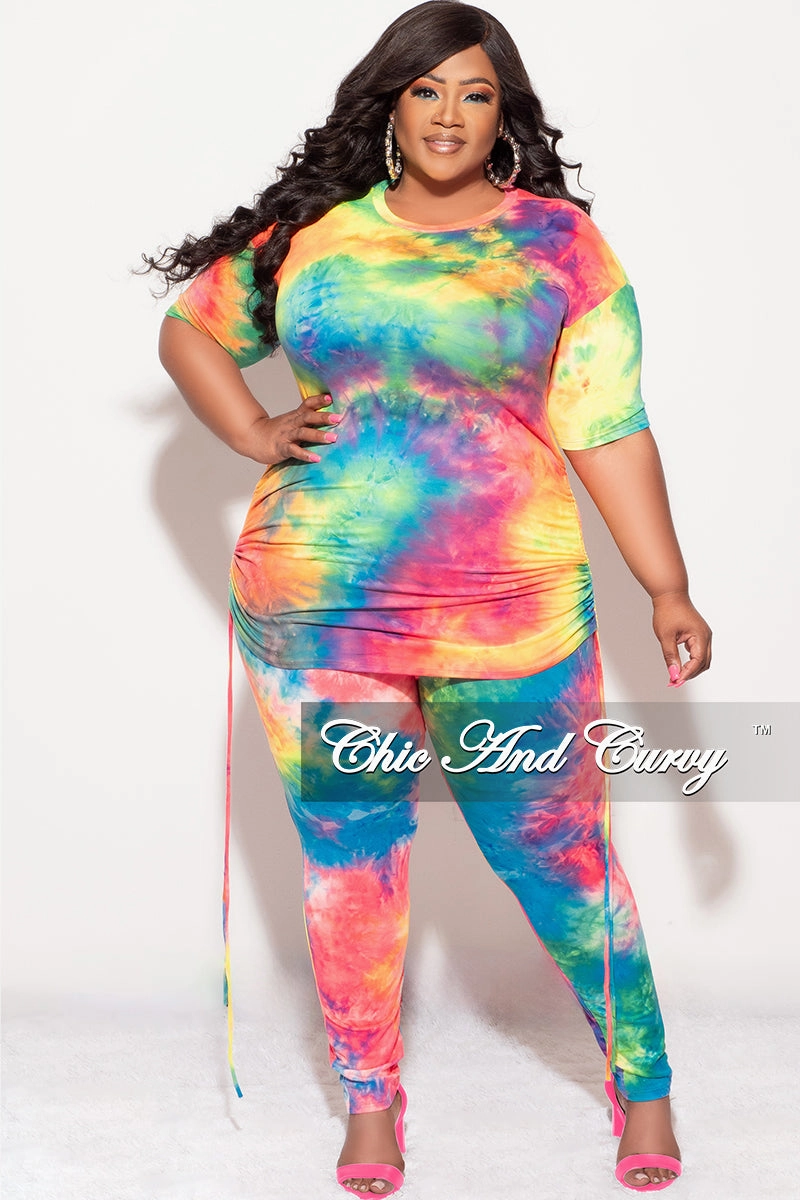 Flexible Knee Articulation Quick Cool Final Sale Plus Size 2-Piece Set Side Ruching Top & Pants in Rainbow Tie Dye Print