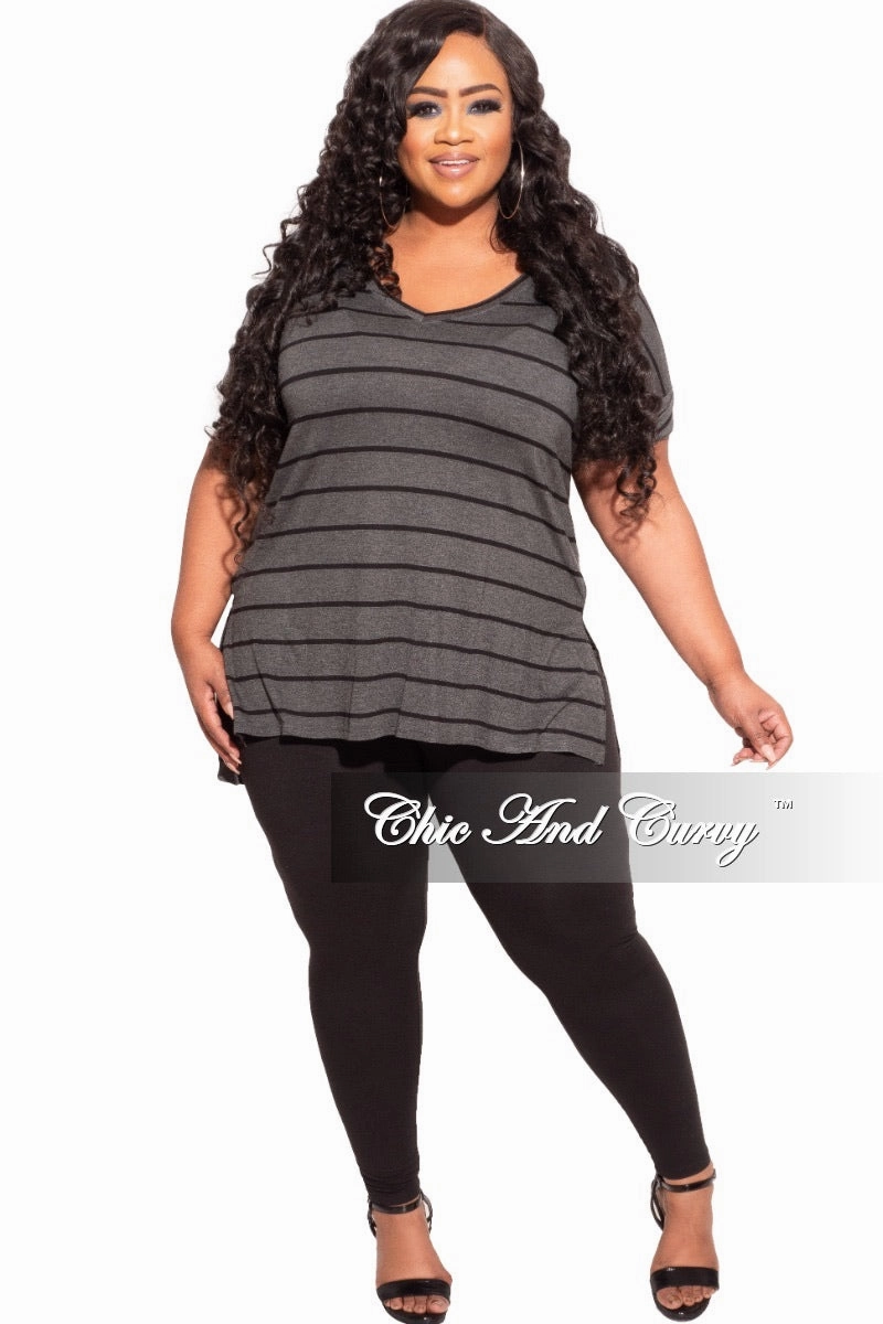 Final Sale Plus Size 2-Piece Striped Top and Solid Legging Set in Black and Grey Stripe Essential Comfort Wear Quick Drying