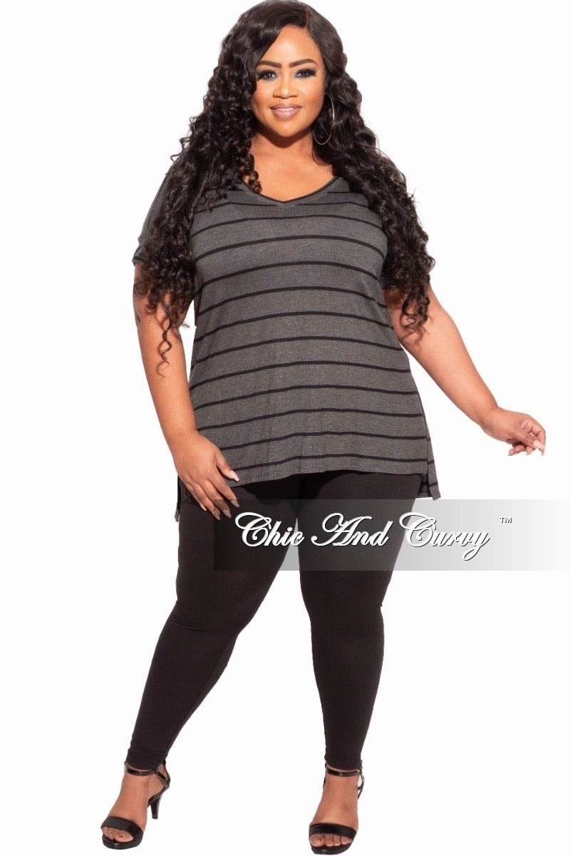 Final Sale Plus Size 2-Piece Striped Top and Solid Legging Set in Black and Grey Stripe Flexible Knee Articulation Stretch Support Fit