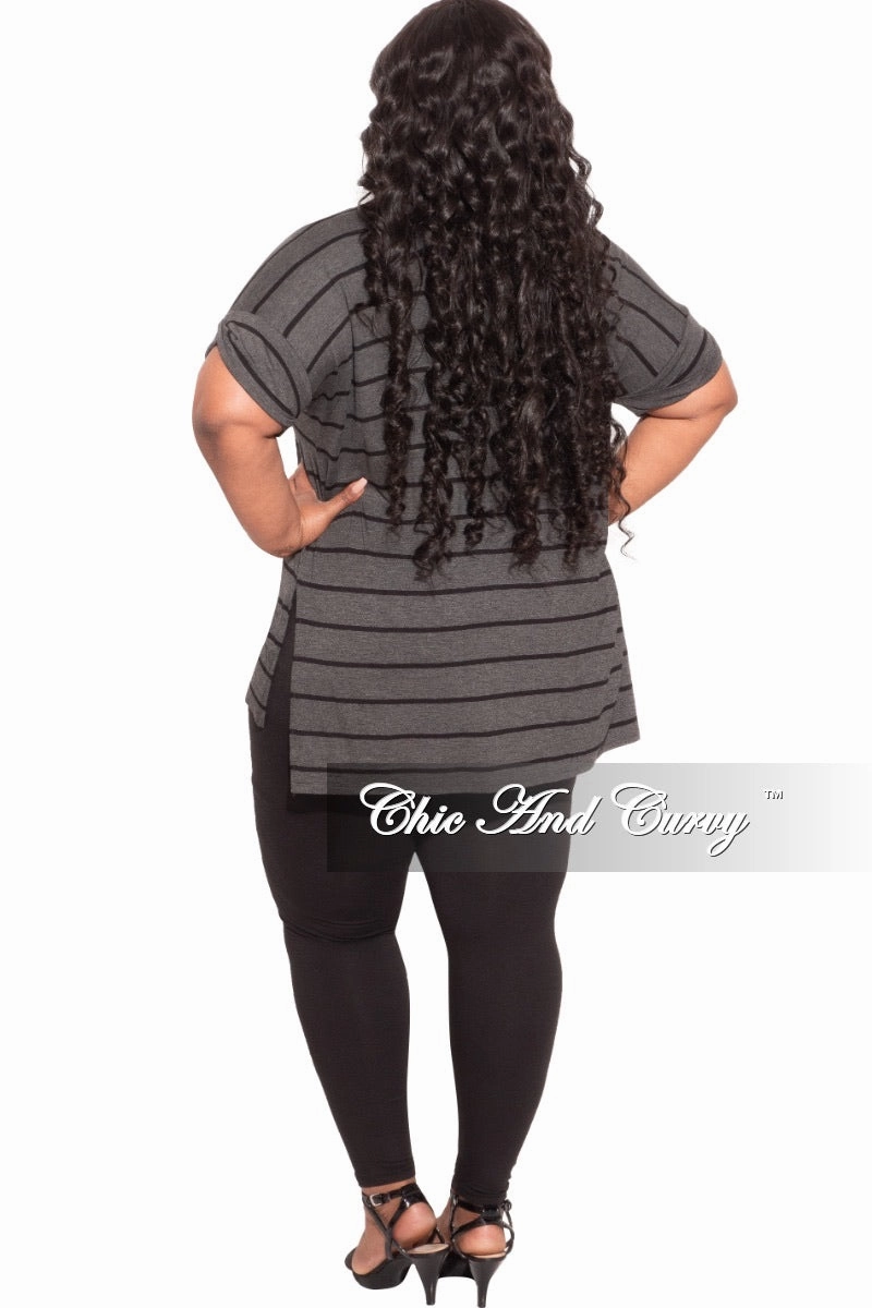 DoubleLayeredKnees Final Sale Plus Size 2-Piece Striped Top and Solid Legging Set in Black and Grey Stripe