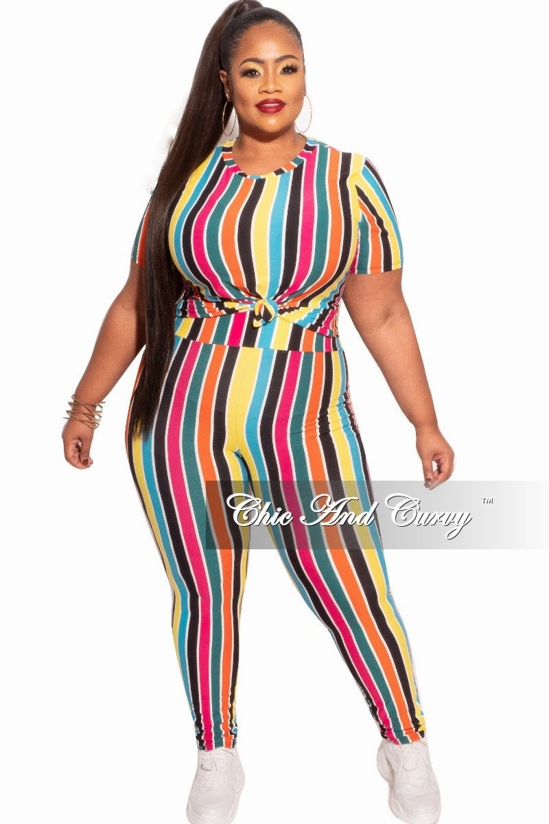 StretchFabric Seamless Comfort Final Sale Plus Size 2-Piece Top and Pants Set in Multicolor Stripe Print