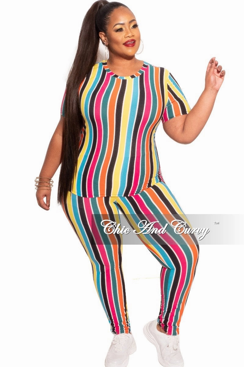 Final Sale Plus Size 2-Piece Top and Pants Set in Multicolor Stripe Print Anti Cling Finish