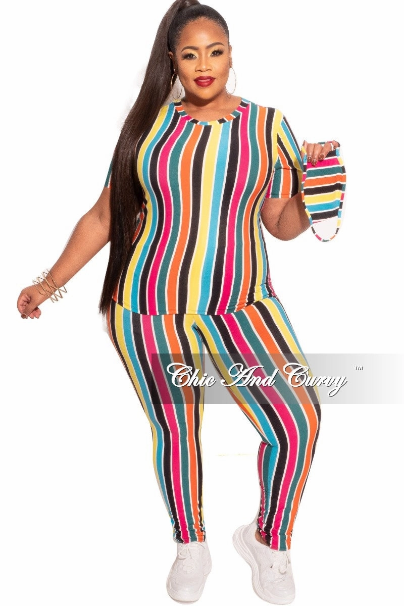 Sporty Comfort Fit Final Sale Plus Size 2-Piece Top and Pants Set in Multicolor Stripe Print