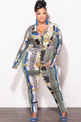 Final Sale Plus Size 2pc (Bodysuit & Pants) Set in Blue Gold Print All Purpose Fit