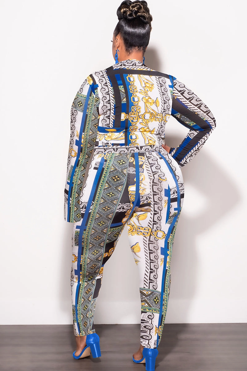 Flattering Look Quick-Dry Fabric Final Sale Plus Size 2pc (Bodysuit & Pants) Set in Blue Gold Print