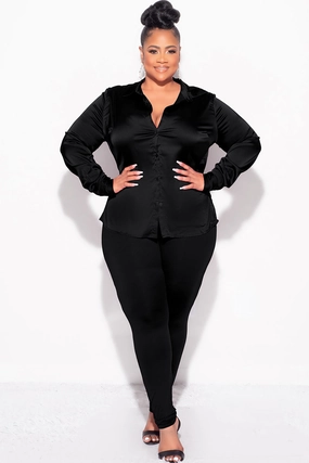 tailored look Final Sale Plus Size 2pc Button Up Collar Satin Top and Pants Set in Black