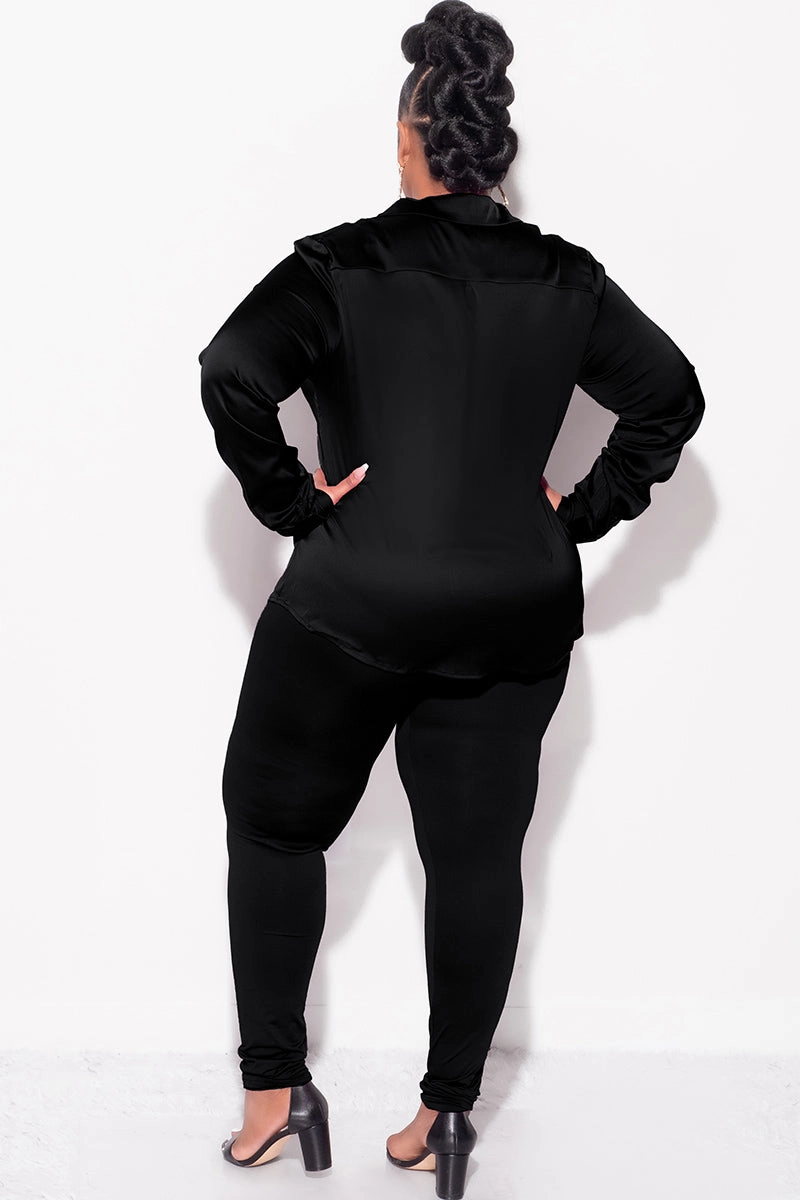 Walk Friendly Eco Friendly Fabric Final Sale Plus Size 2pc Button Up Collar Satin Top and Pants Set in Black
