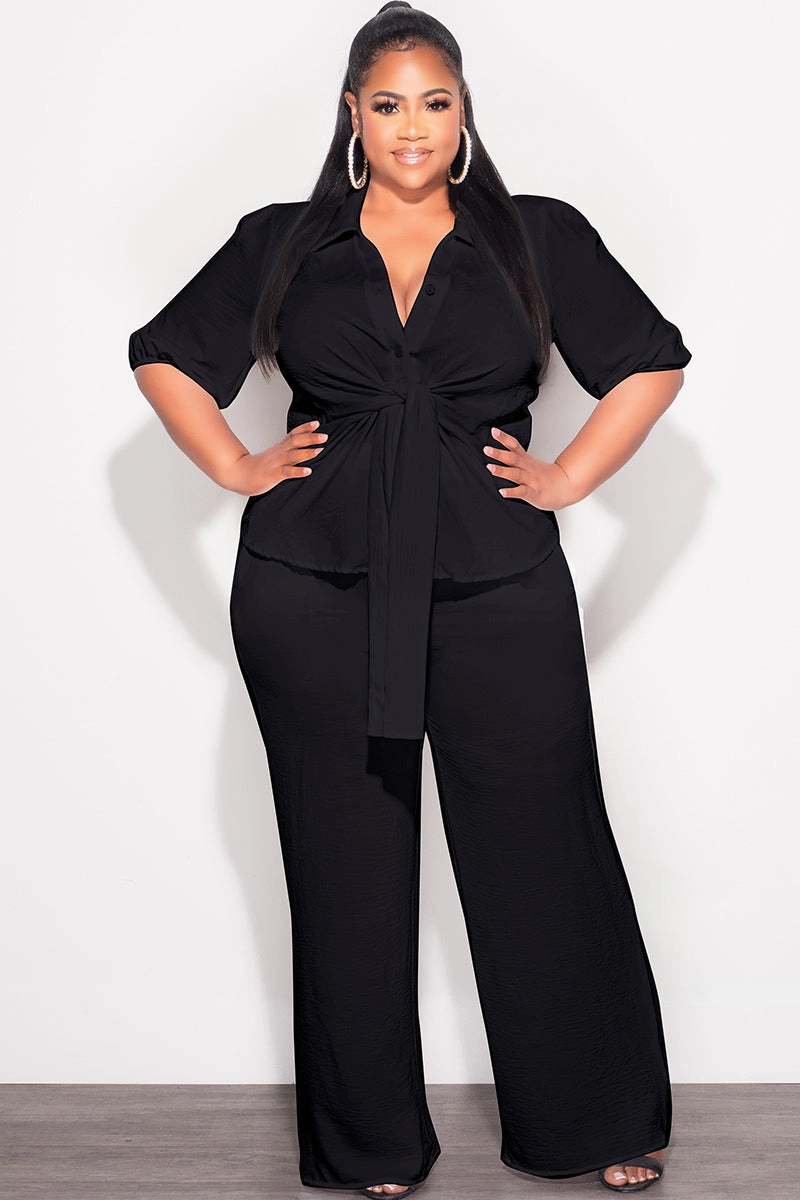 Loose Design Final Sale Plus Size 2pc Button Up Collar Top and Pants Set in Black Linen