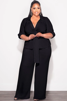 Ultra Soft Final Sale Plus Size 2pc Button Up Collar Top and Pants Set in Black Linen