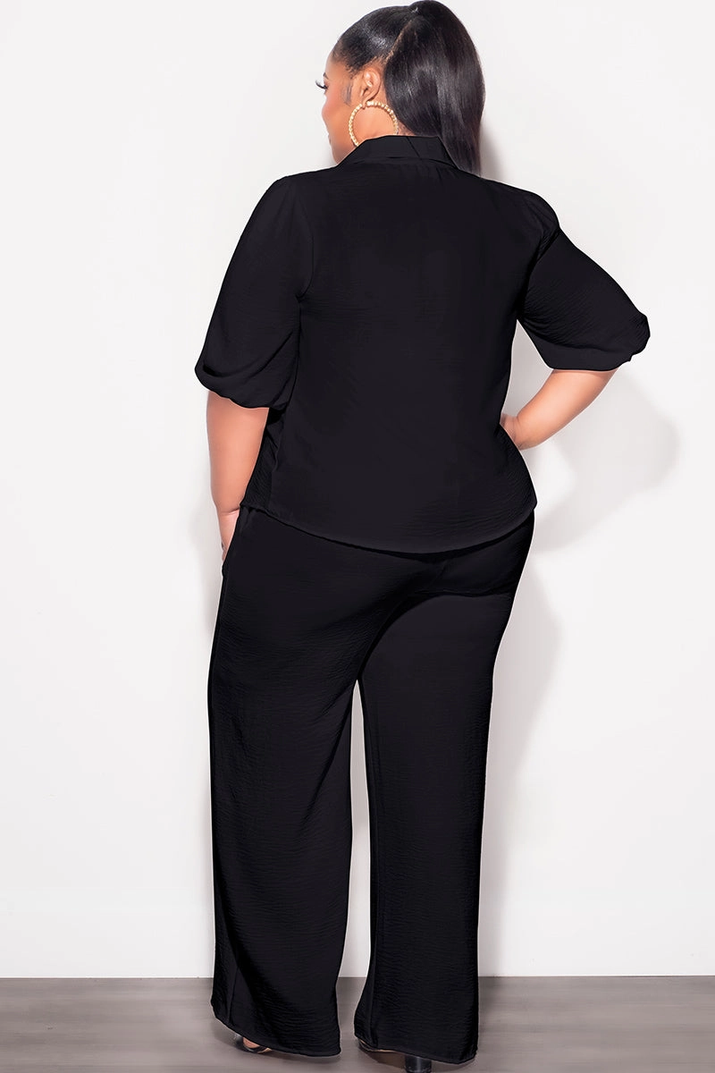 Final Sale Plus Size 2pc Button Up Collar Top and Pants Set in Black Linen Yoga Ready All Day Fit