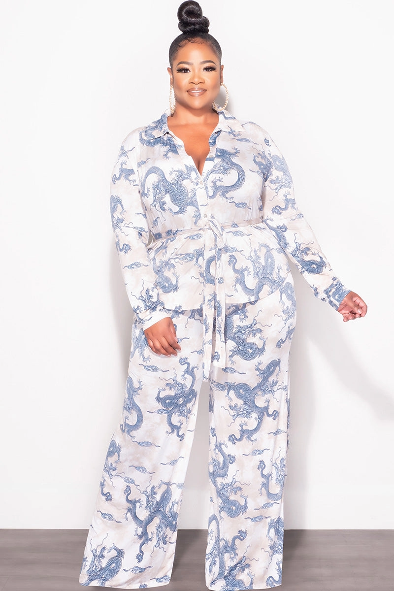 Fresh Fit Final Sale Plus Size 2pc Button Up Collar Top and Pants Set in Blue and Tan