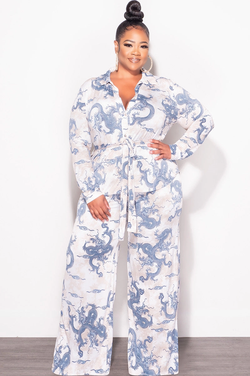 Final Sale Plus Size 2pc Button Up Collar Top and Pants Set in Blue and Tan ThermalRegulation