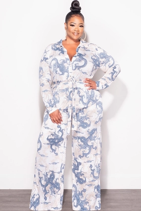 Final Sale Plus Size 2pc Button Up Collar Top and Pants Set in Blue and Tan ThermalRegulation